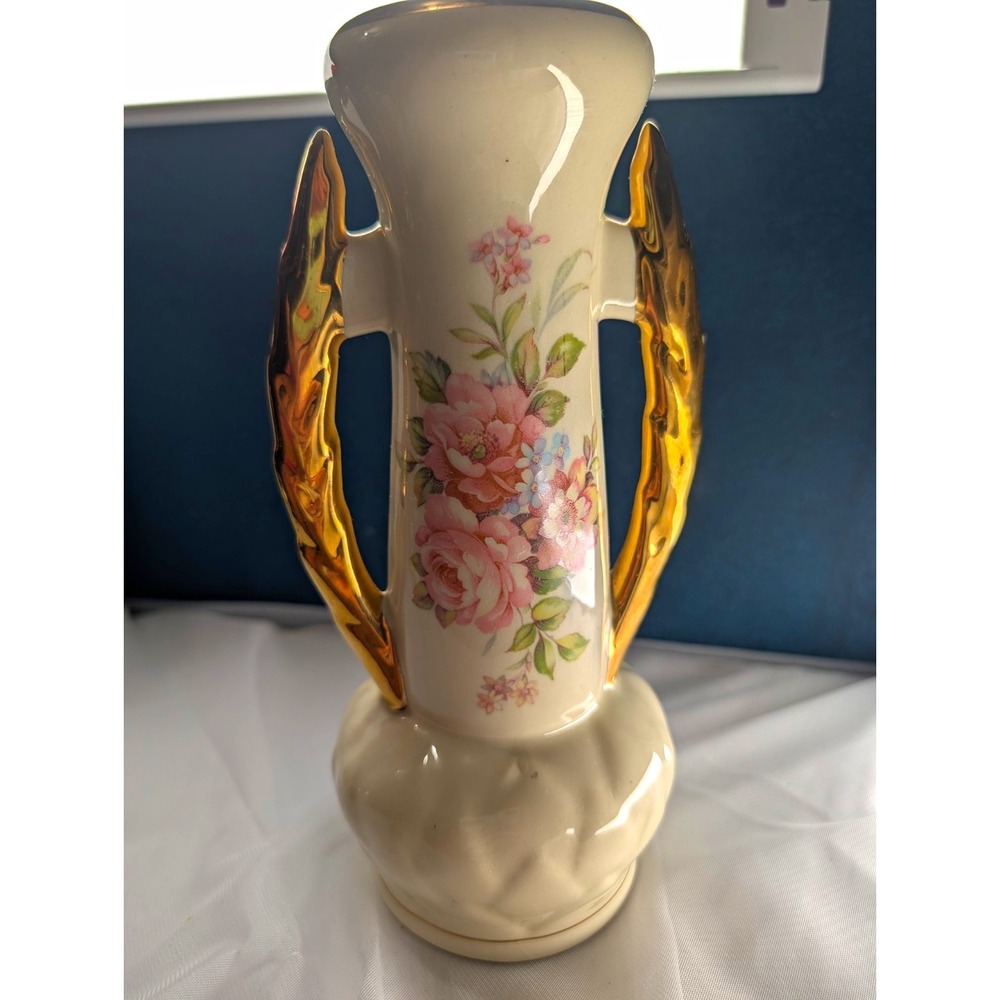 Mid-Century Victorian Style Handled Vase | Cream Ceramic Pink Rose Bouquet Pot